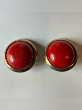 Vintage 80s Bold Red Resin Dome Silver Tone Button Clip On Statement Earrings